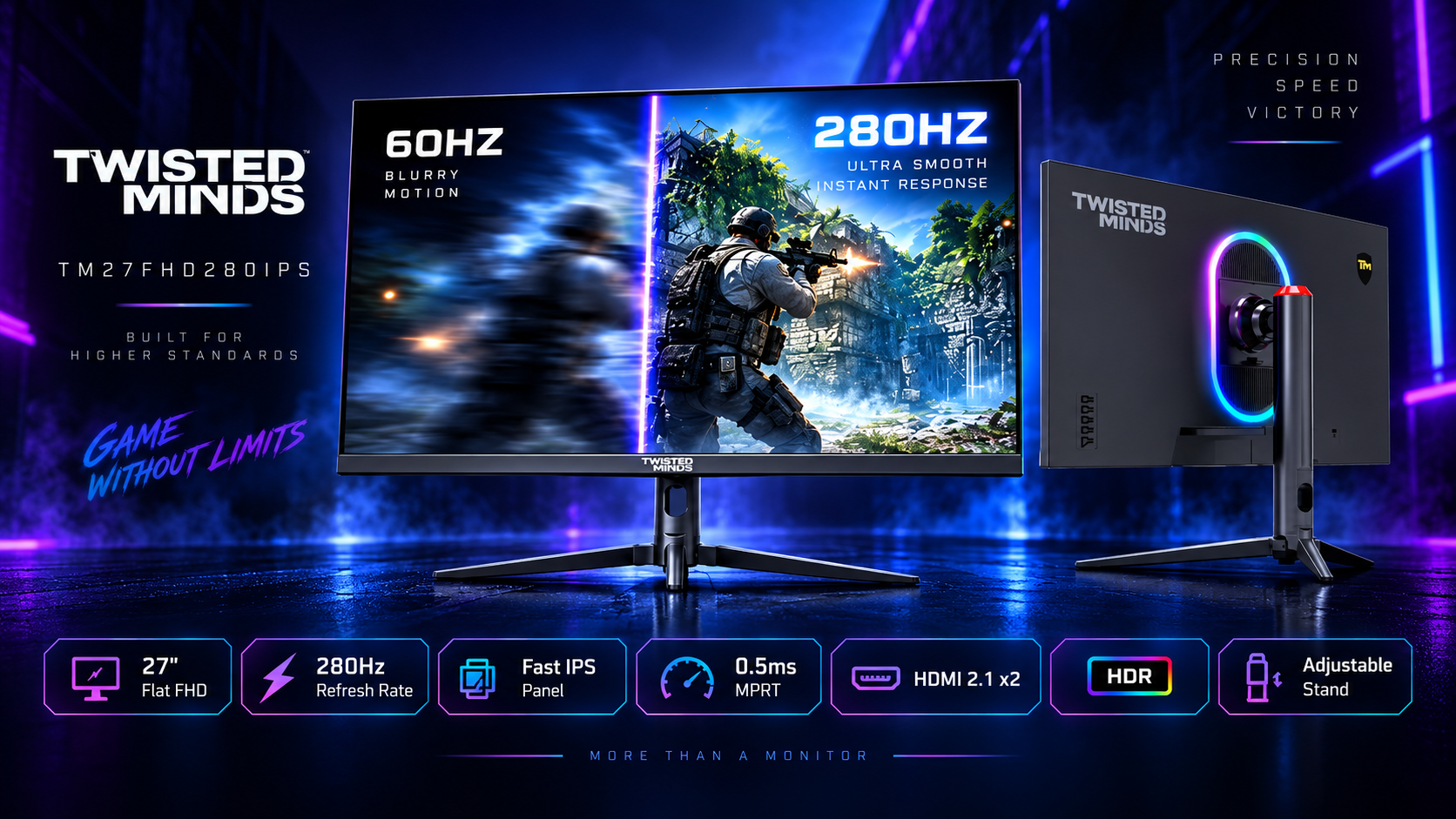 Twisted Minds TM27FHD280IPS gaming monitor: 27-inch Full HD, 280Hz, Fast IPS, 0.5ms MPRT, adjustable stand.